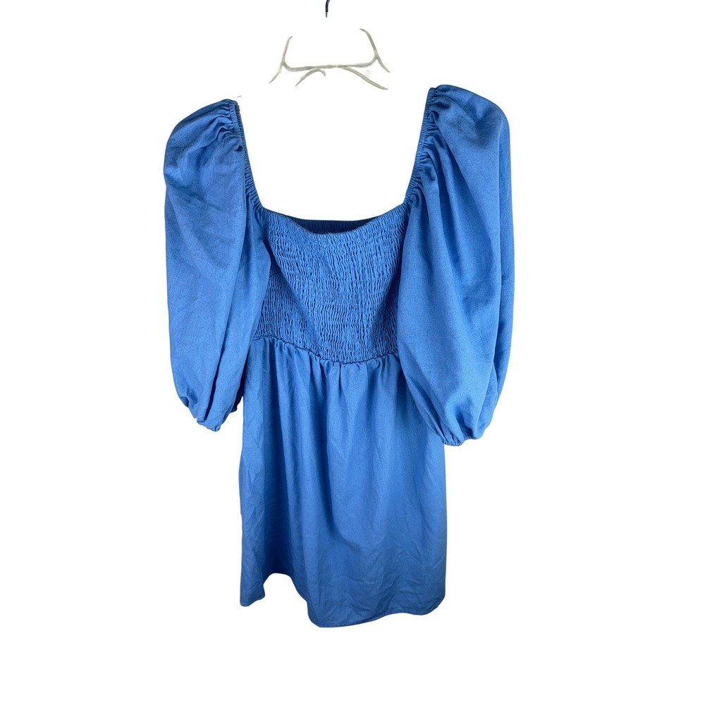 Tuckernuck Blue Smocked Puff Sleeve Mini Dress Linen Blend Womens M